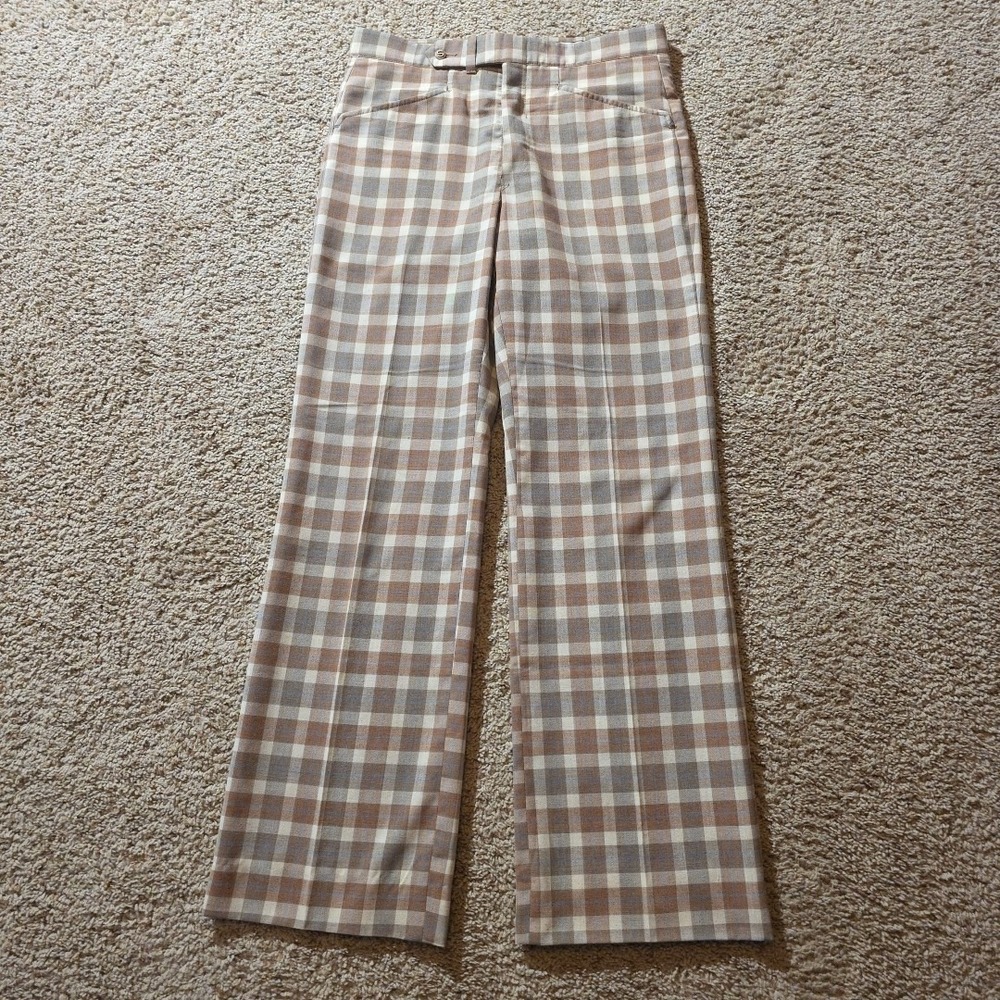 Vtg 70's Sansabelt Jaymar Mens Check Plaid Brown Flared Disco Golf Pants 31x32‎
